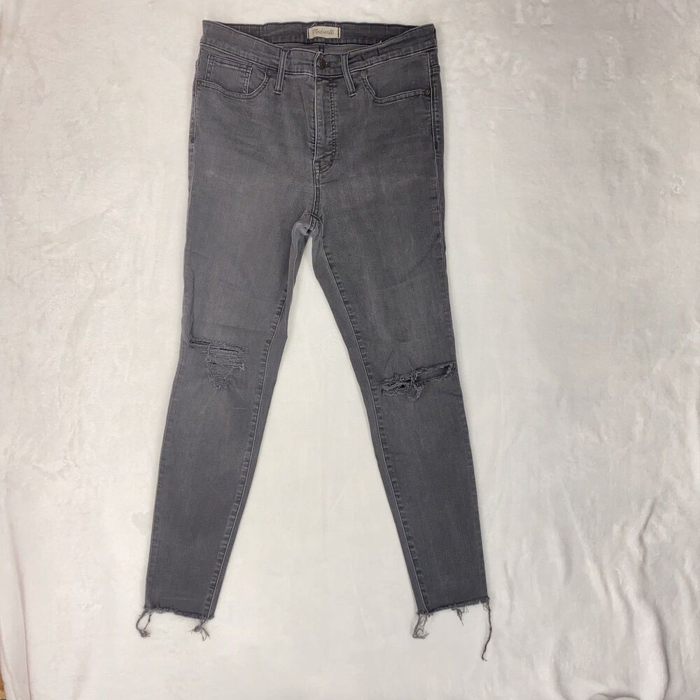 Madewell Jeans Women 32 Gray 9in High Rise Skinny Denim Dark Distress Raw Hem